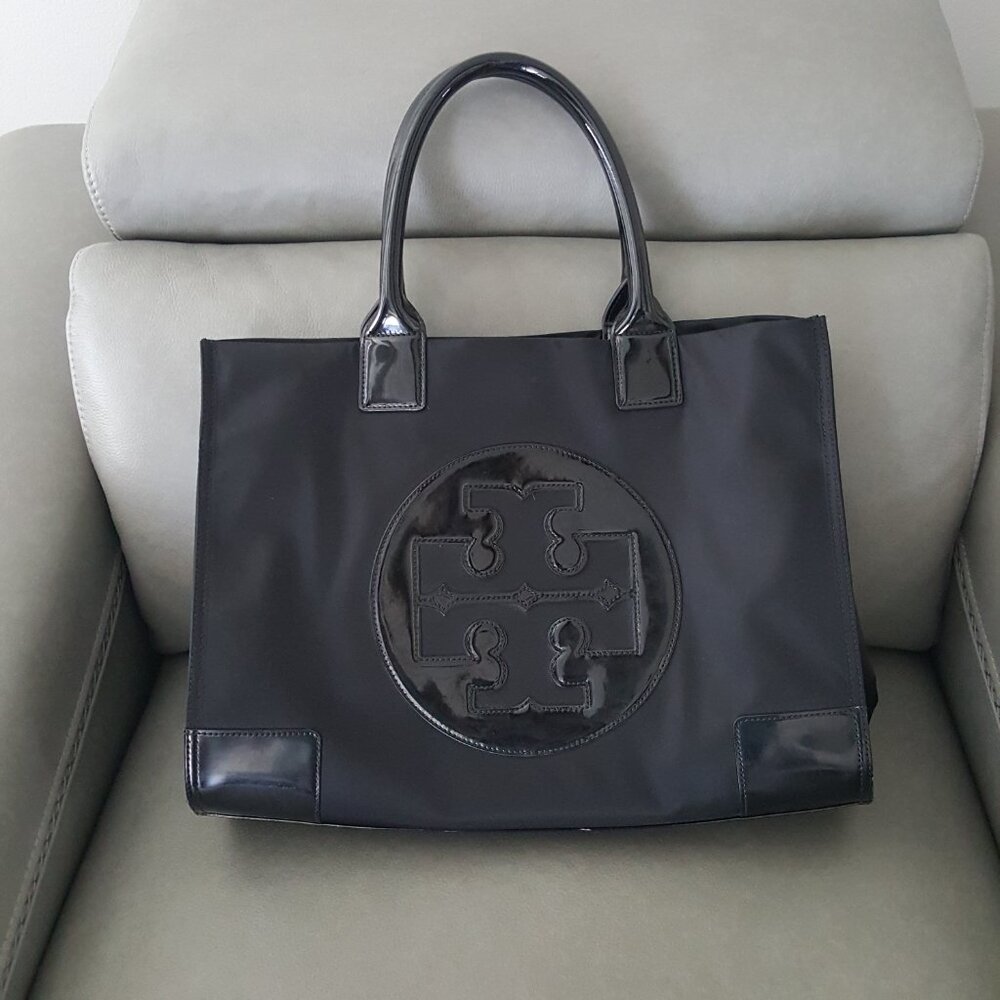 Tory Burch Large Ella Tote Bag Black Patent Leather Nylon